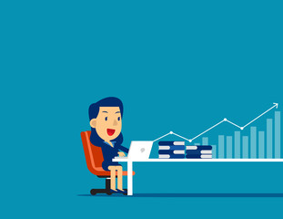 Businesswoman working at computer with arrow and chart. Concept cute business vector illustraton, Workplace, Executive.