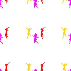 Three happy girls jumping for joy. Seamless Wallpaper pattern.  The ability to stretch to any size in all directions without loss of quality.  Vector illustration. 