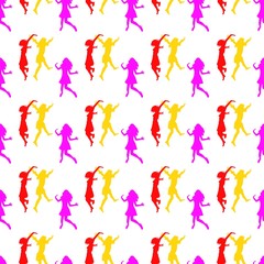Three happy girls jumping for joy. Seamless Wallpaper pattern.  The ability to stretch to any size in all directions without loss of quality.  Vector illustration. 