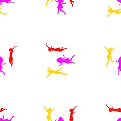 Three happy girls jumping for joy. Seamless Wallpaper pattern.  The ability to stretch to any size in all directions without loss of quality.  Vector illustration. 