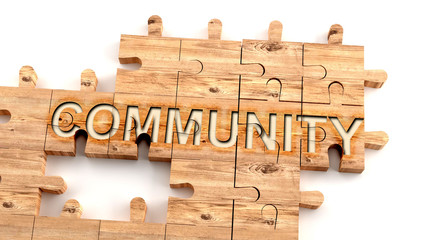 Complex and confusing community: learn complicated, hard and difficult concept of community,pictured as pieces of a wooden jigsaw puzzle creating a whole, completed word, 3d illustration