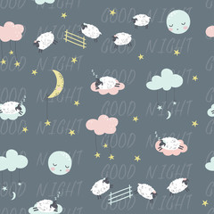 Welterusten. Kinderachtig naadloos patroon met schapen en wolken