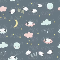  Welterusten. Kinderachtig naadloos patroon met schapen en wolken © Maryco