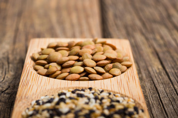 green lentils, macro, old wooden