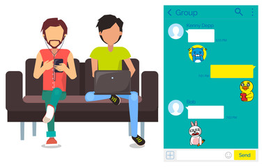 Men on couch using kakao talk Korean messenger vector. Chat interface with stickers, guys with smartphone and laptop, texting app, indoor furniture