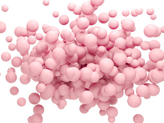 Abstract colorful balls. Pink Candies fly in zero gravity. Chaotic scatter confetti spheres. Festive party wallpaper. 3d render rouge creative background. Makeup powder cosmetics for face in ball form
