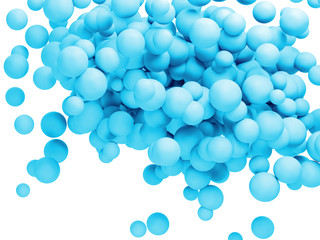 Bright blue chewing gum. 3d render explosion of spheres in space. Azure creative sugar candy on a white background. Summer color poster for advertising. 