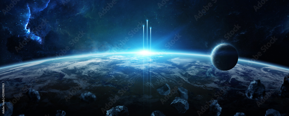 Poster Distant planet system in space with exoplanets 3D rendering elements of this image furnished by NASA