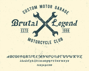 Brutal Legend. Handmade font. Vintage typeface. Custom motor. Handmade logo and font. Retro American stile. Custom garage. Motorcycle club.