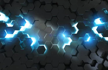 Foto op Canvas Glowing black blue hexagons background pattern on metal surface 3D rendering © sdecoret