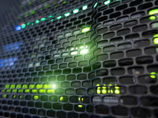 Naklejka na ściany i meble Panel modern servers in the data center. Supercomuter telecommunication technology