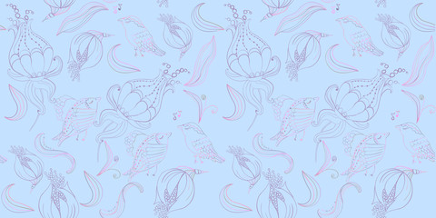 Seamless birds and flowers abstract pattern. Textile art hand drawn art
