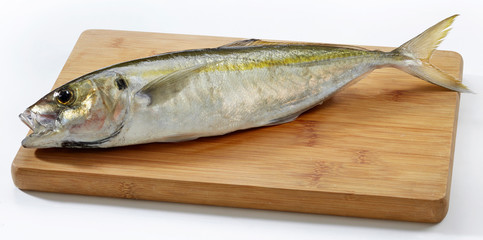Fresh horse mackerel fish on wooden cutting board