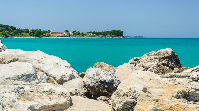 Corfu, panorama of the coast in the town of Acharavi.