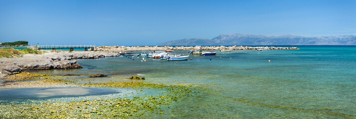 Corfu, Roda panorama from the coast with views of the mountains in Albania.