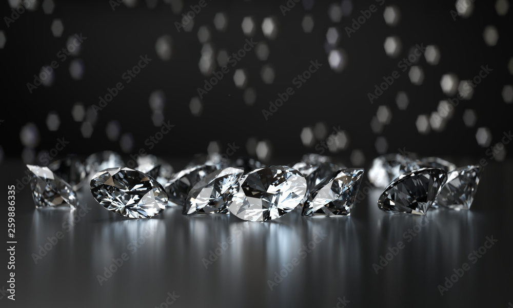 Poster group of clear diamonds and light bokeh background 3d rendering.