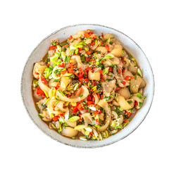 Traditional Asian appetizer - stir-fry spicy sliced pork hide with spices on a plate, close-up, top view, isolated. Chinese and Thai dish.