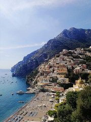 Positano, Italy. Amalfi Coast. View on the city, bay and mountains