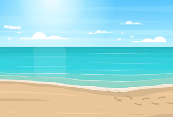Fototapeta na wymiar Cartoon Sandy Beach, Sea and Blue Sky. Vector