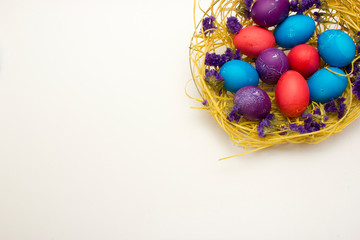 Colored chicken eggs in nest on white background. Preparing celebrating Easter