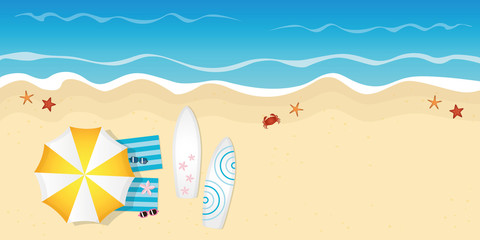 Fototapeta na wymiar two surfboards and sunglasses on the beach summer holiday design with copy space vector illustration EPS10
