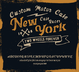 New York. Cafe racer. Hipster style. Print for shirt. Vector serif font.