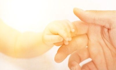 New born baby hand holding kuman hand on white background