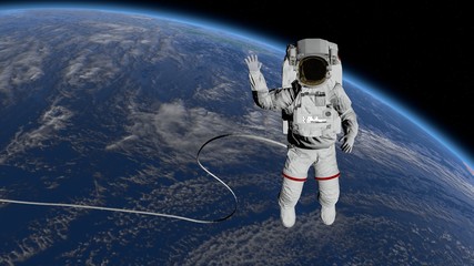 Astronaut Spacewalk, waving his hand in the open space. Elements of this image furnished by NASA. 3D rendering