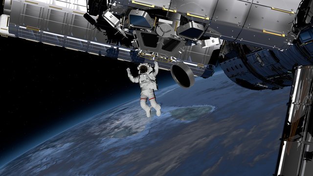 Astronaut Spacewalk, Astronaut in the open space. Elements of this image furnished by NASA. 3D rendering