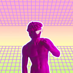 Creative concept of pink neon David with sunglasses, the masterpiece of Renaissance sculpture created  by Michelangelo. Vaporwave style.