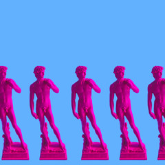 Creative concept of pink neon David is a masterpiece of Renaissance sculpture created  by...
