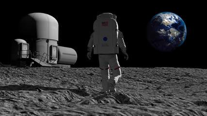 Astronaut walking on the moon and admiring the beautiful Earth. CG Animation. Elements of this image furnished by NASA. 3D rendering
