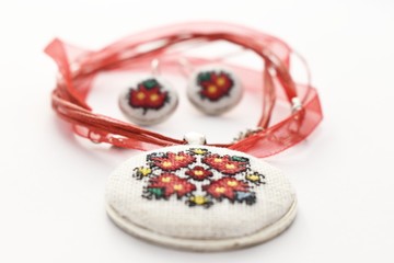 Handmade Cross Stitch Jewelry Set Red Flower