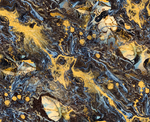 Gold, brown and blue fluid acrylic pour painting as seamless surface pattern design
