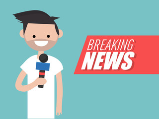 Breaking news,Young character reporter holding a microphone.Flat cartoon design