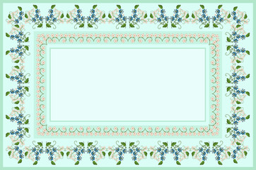 Pattern for embroidery satin stitch light green tablecloth with bouquets of blue violets and delicate white flowers on the bent twigs with leaves