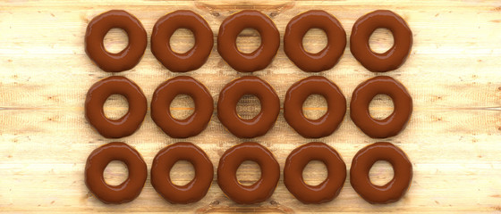 Chocolate donuts background, top view. 3d illustration.