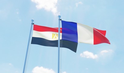France and Egypt, two flags waving against blue sky. 3d image