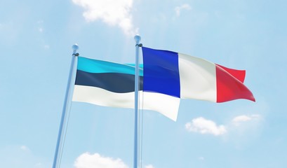 France and Estonia, two flags waving against blue sky. 3d image