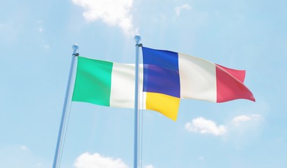 France and Ireland, two flags waving against blue sky. 3d image