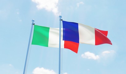 France and Italy, two flags waving against blue sky. 3d image
