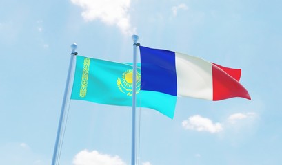 France and Kazakhstan, two flags waving against blue sky. 3d image