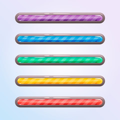 Fototapeta premium Set of five game resource bar in stone frame. Cartoon style gui elements for mobile game. Vector design template for game, web development.