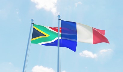 France and South Africa, two flags waving against blue sky. 3d image