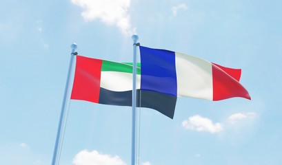France and UAE, two flags waving against blue sky. 3d image