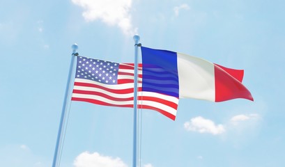 France and USA, two flags waving against blue sky. 3d image