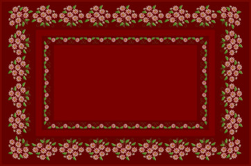 Pattern for embroidery satin stitch on a tablecloth of burgundy shades, of bouquets with pink marguerite and delicate white flowers, spun twigs with leaves 