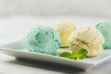 Ice cream with mint in ceramic bowl