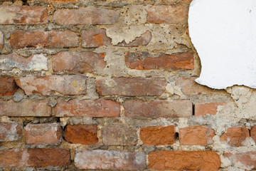 Uneven, sloppy brickwork of an old brick wall.