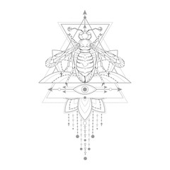 Vector illustration with hand drawn wasp and Sacred symbol on white background. Abstract mystic sign.